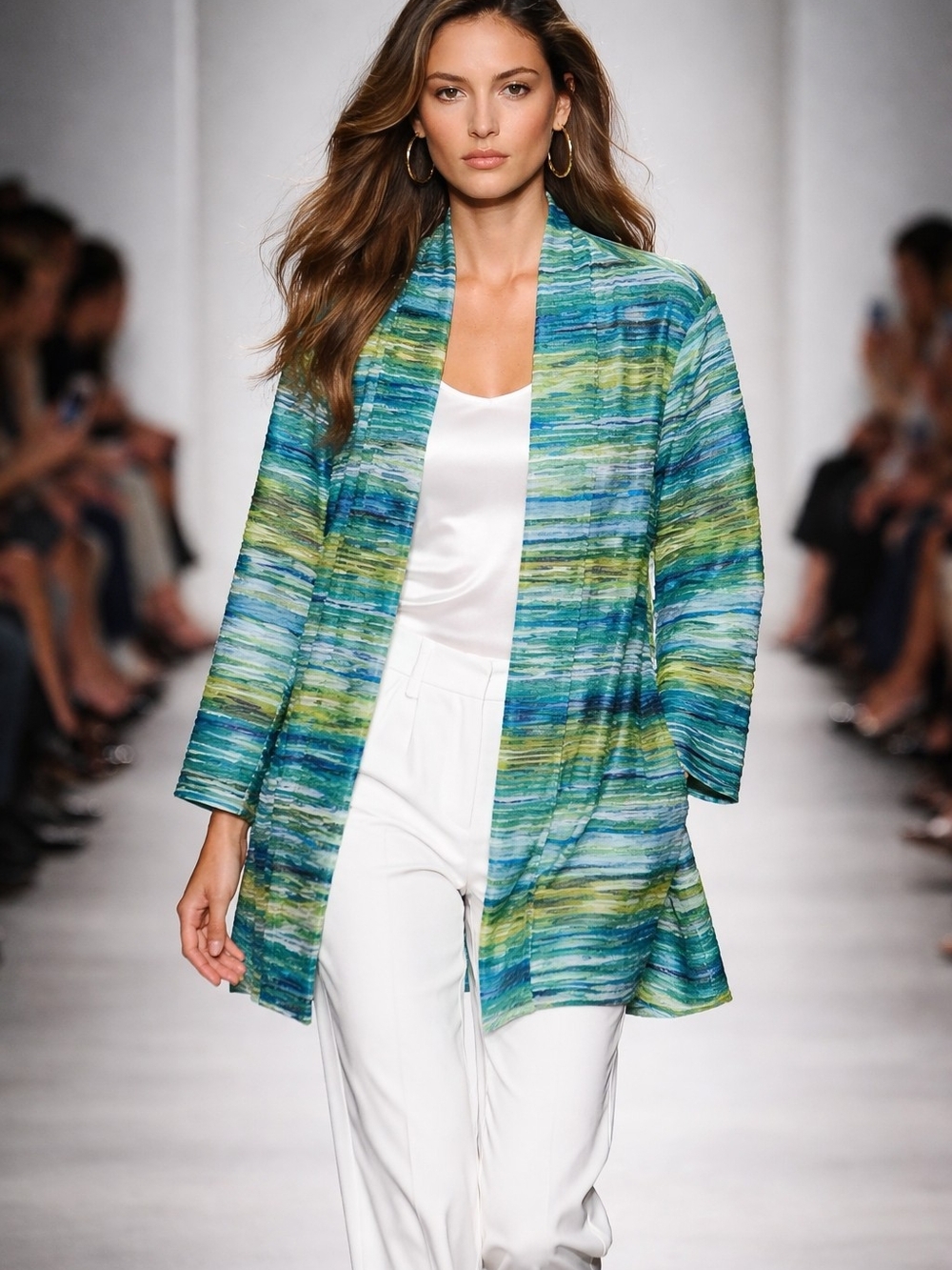 Kasper Multicolor Striped Open-Front Cardigan in Blue, Green & White